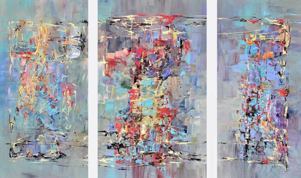 Tahedl Ernestine "F. Schubert String Quintet in C major Allegretto" triptych acrylic on canvas 48x80in